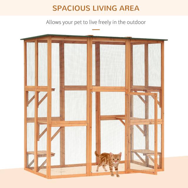 PawHut Large Wooden Outdoor Cat House Catio Enclosure, Kitten Cage with